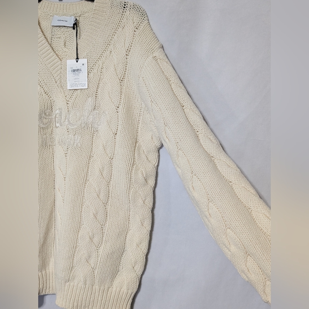 Coach Ivory Braided Cable Knit V-neck Wool Sweater, Embroidered Logo Size XS NWT - Picture 6 of 11